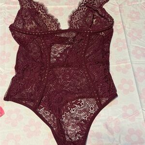 VS Lace Sleeveless Lingerie  Bodysuit in Deep Burgundy
